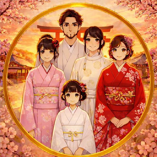シクラメンの三姉妹が父母と実家の神社と満開の桜を背景にした表紙の画像