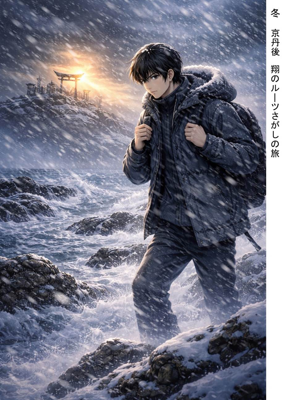 The photograph depicts a young man named Sho, clad in a wool coat, making his way along a treacherous path against the backdrop of the rough winter coast of the Sea of ​​Japan. A torii gate, illuminated by light, is visible in the distance, symbolizing the hardships of his journey and his strong determination to reach his destination.